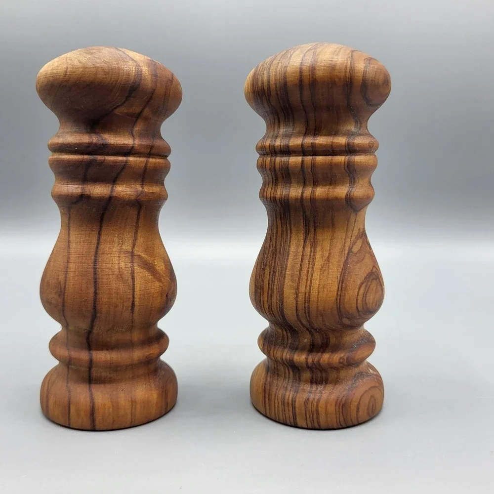 Vintage Salt and Pepper Shakers Olive Wood Hand Turned Brown Decorative
